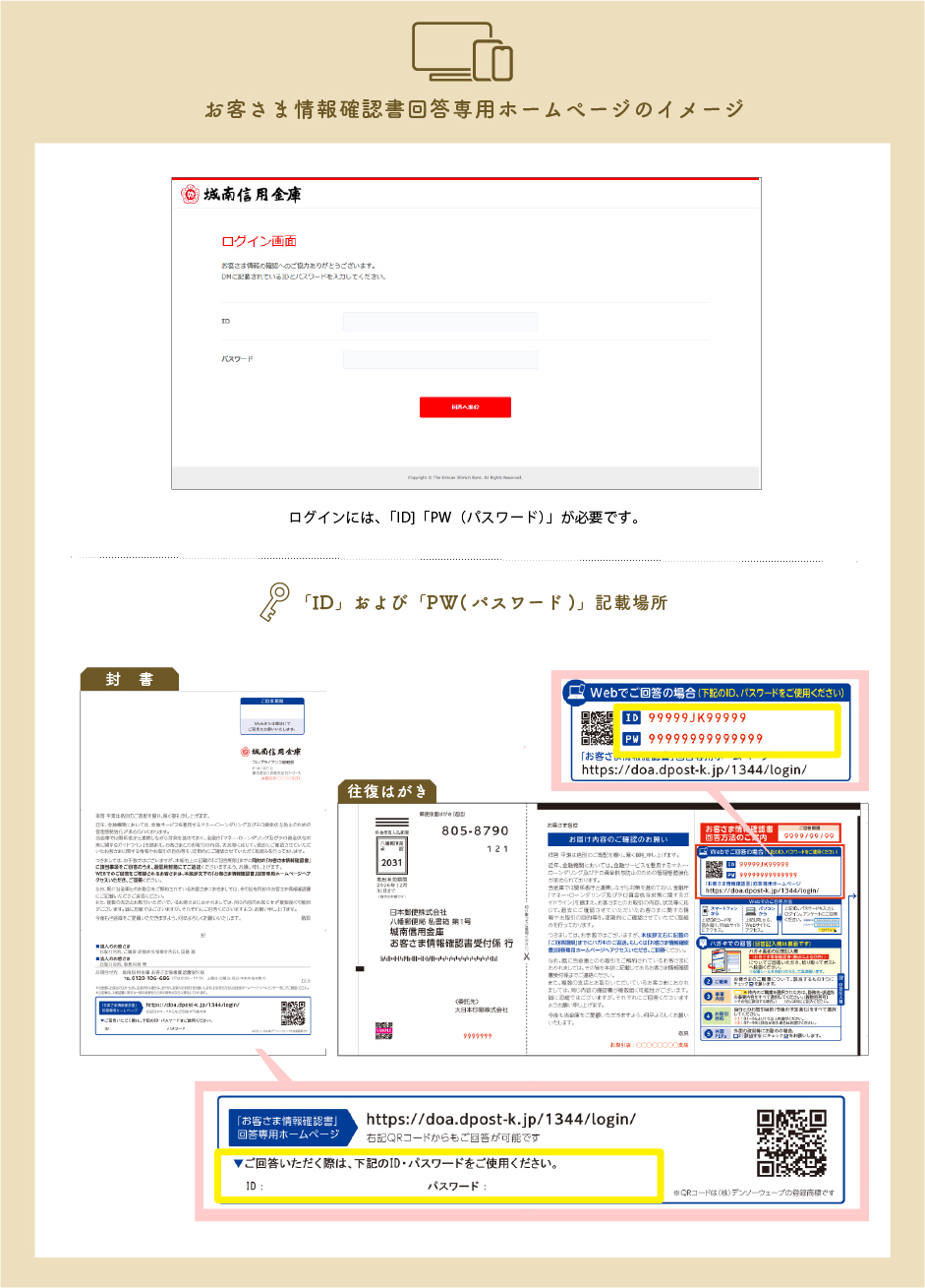 お客さま情報確認書専用ホームページのログイン画面イメージ