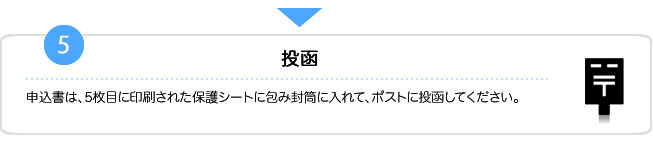 5.申込書は、4枚目に印刷された保護シートに包み封筒に入れて、ポストに投函してください。なお、記載内容のご確認のため、お届けの電話番号にご連絡させていただく場合があります。その際には、追加のお手続きなどをお願いすることがございますので、予めご了承ください。