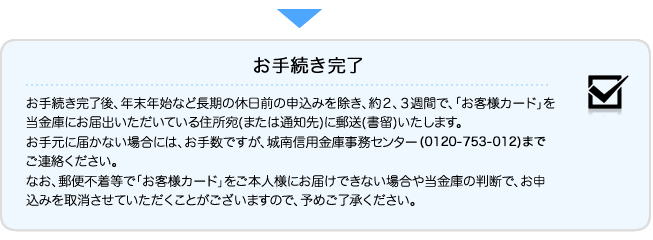 お手続き完了後、年末年始など長期の休日前の申込みを除き、約２、３週間で、「お客様カード」を当金庫にお届出いただいている住所宛(または通知先)に郵送(書留)いたします。お手元に届かない場合には、お手数ですが、城南信用金庫事務センター(0120-753-012)までご連絡ください。なお、郵便不着等で「お客様カード」をご本人様にお届けできない場合や当金庫の判断で、お申込みを取消させていただくことがございますので、予めご了承ください。