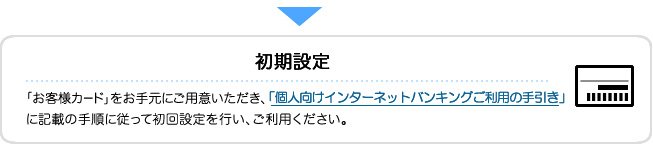 「お客様カード」をお手元にご用意いただき、「個人向けインターネットバンキングご利用の手引き」に記載の手順に従って初回設定を行い、ご利用ください。